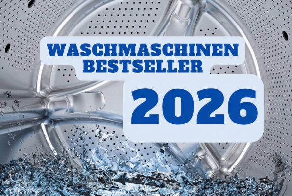 Waschmaschinen Bestseller 2025 Schriftzug auf Hintergrund (offene Trommel)