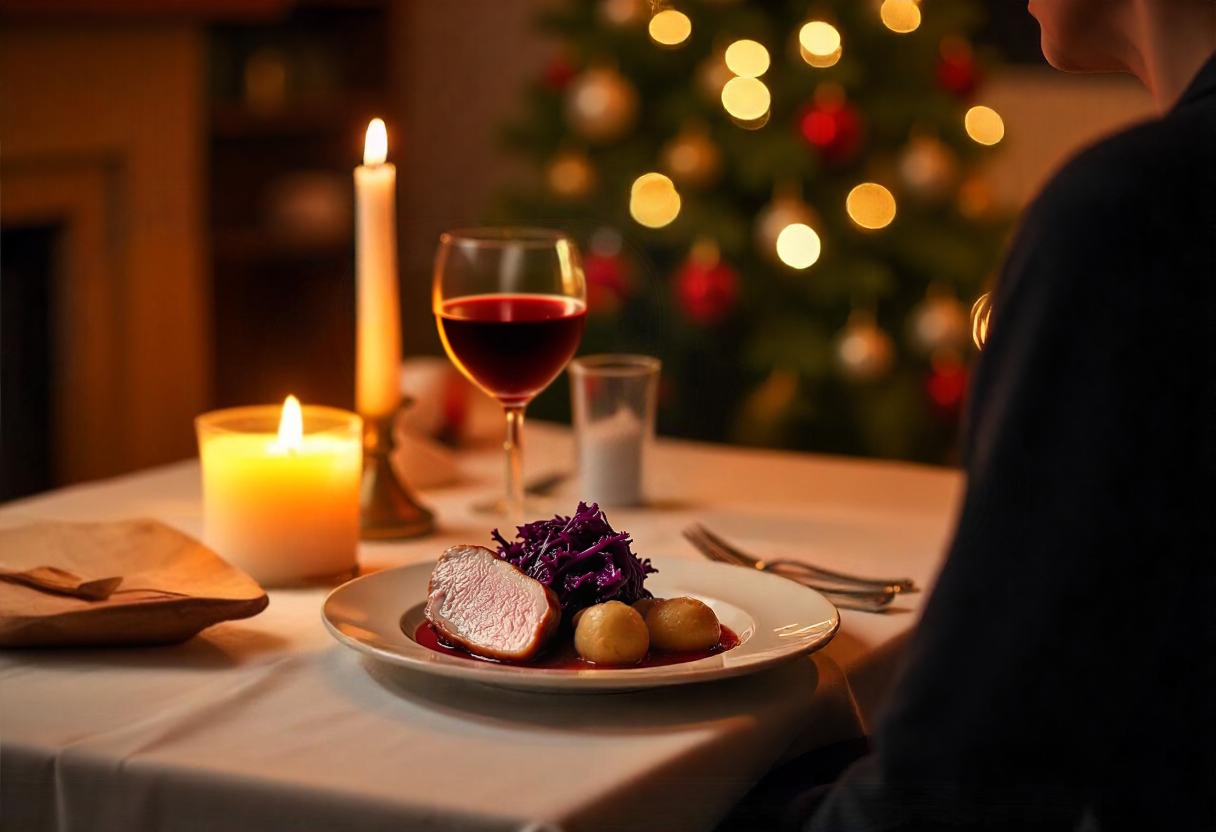 Ein festliches Weihnachtsessen für eine Person mit Rotkohl, Kartoffeln und Braten, serviert an einem liebevoll gedeckten Tisch mit Kerzenschein und einem geschmückten Weihnachtsbaum im Hintergrund.