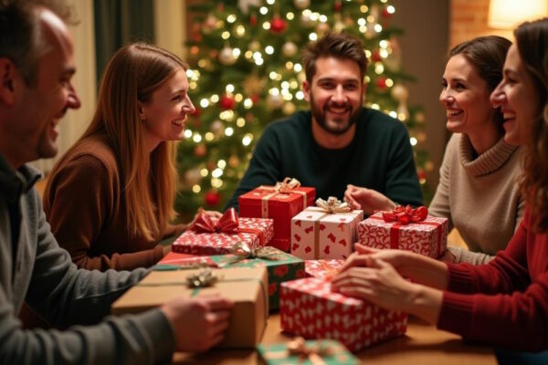 Kollegen tauschen Wichtelgeschenke aus.