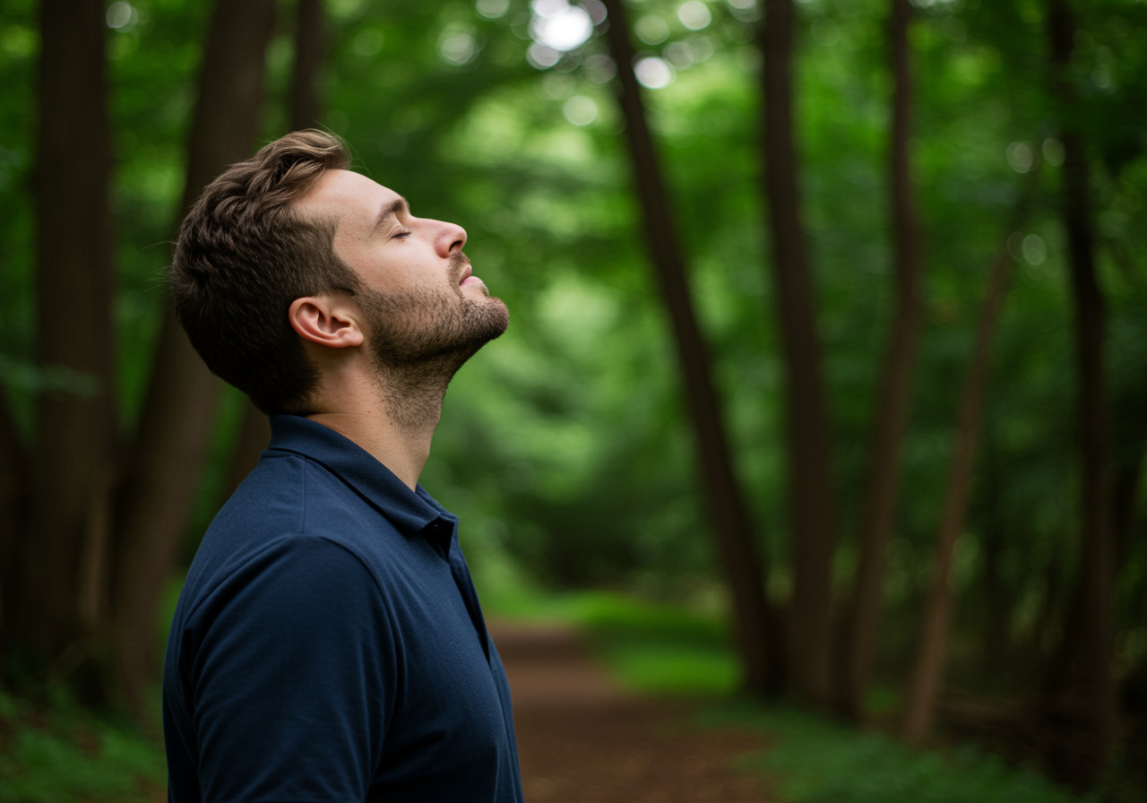 Ein Mann steht mit geschlossenen Augen in einem dichten Wald und atmet ruhig ein, umgeben von sattem Grün – eine Szene zum Thema „Wie kann man sich beruhigen“.