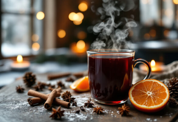 Ein dampfender Becher selbstgemachter Glühwein auf einem Tisch, umgeben von winterlichen Gewürzen wie Zimtstangen, Sternanis und einer aufgeschnittenen Orange, stimmungsvoll beleuchtet mit Kerzen im Hintergrund.