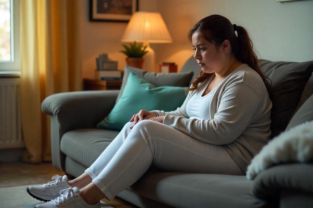 Junge frustrierte Frau auf dem Sofa denkt darüber nach Sport zu treiben oder nicht.