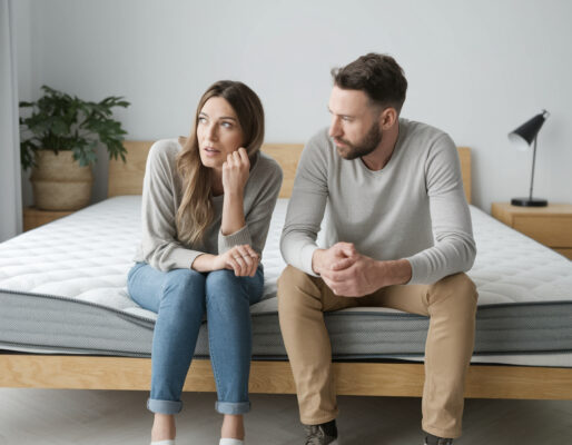 Pärchen sitzt auf einem Bett mit alter Matratze und denkt übers Wechseln dieser nach.
