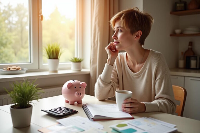 Eine Frau sitzt nachdenklich an einem Tisch mit einem Sparschwein, einem Taschenrechner und Unterlagen, während sie über ihre Ersparnisse für die Rente nachdenkt.