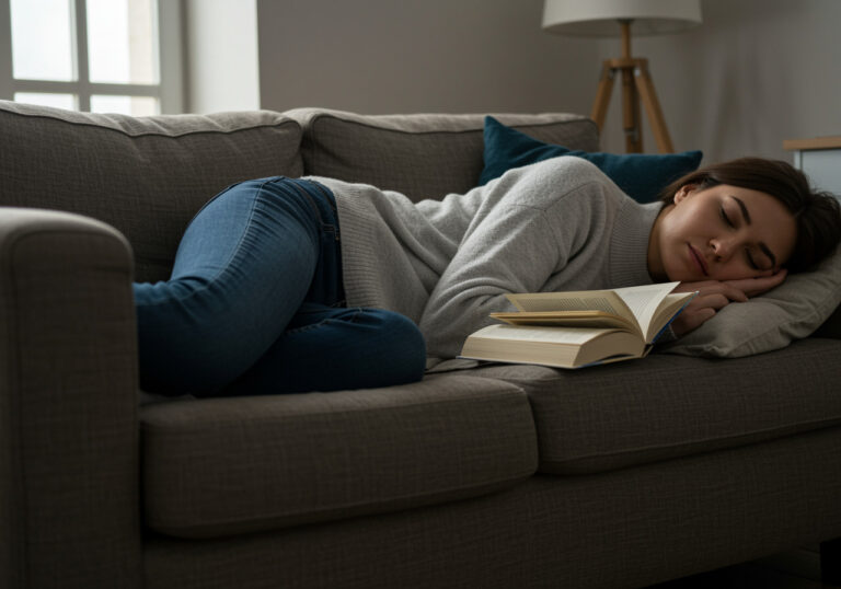 Eine junge Frau ist müde und beim Lesen eines Buches auf der Couch eingeschlafen.