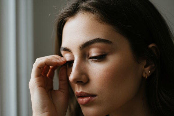 Eine junge Frau berührt ihre Wimpern und denkt dabei an Wimpernpflege