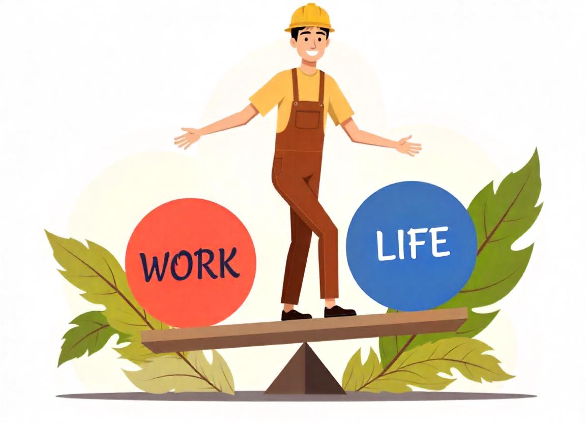 Mann in Arbeitskleidung balanciert auf Wippe zwischen roten Kreis „Work“ und blauem Kreis „Life“.