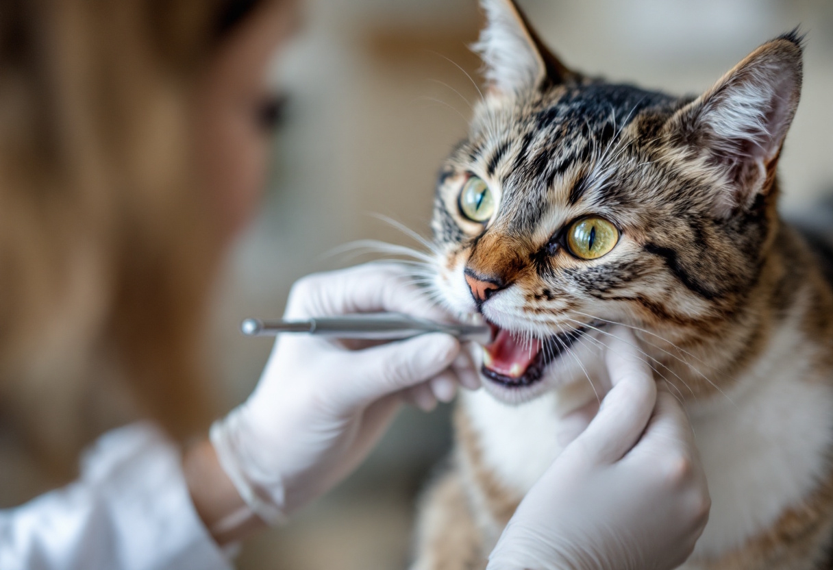 Eine Nahaufnahme zeigt eine Katze bei einer tierärztlichen Untersuchung, bei der Zahnstein kontrolliert wird – ein wichtiger Schritt zur Vorbeugung von Zahnproblemen bei Katzen.