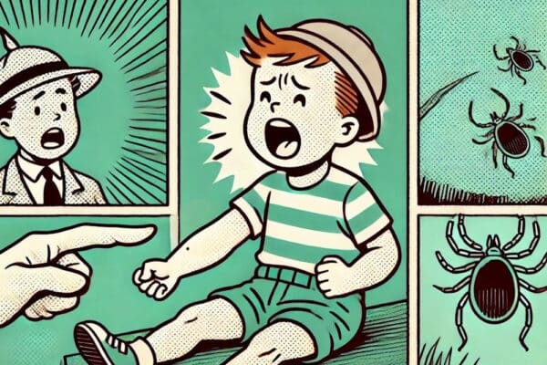 Ein Comicstrip über einen besorgten Vater dessen Kind schreit, weil es eine Zecke im Arm hat als Symbolbild für den Ratgeber: Zecken bei Kleinkindern entfernen
