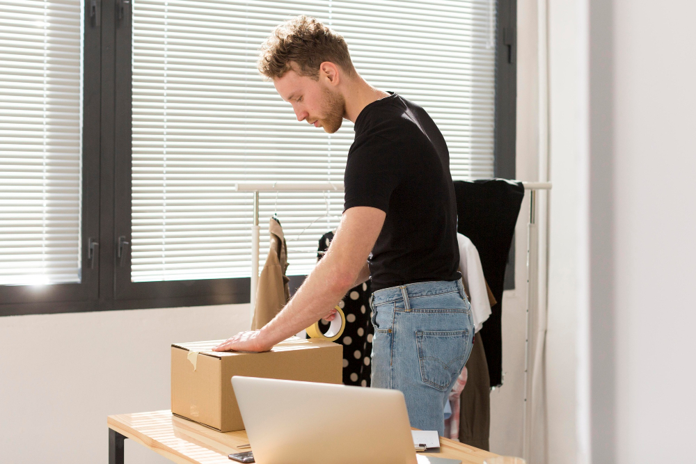 Ein Mann verpackt ein Paket auf einem Tisch in einem hellen Raum. Das Bild symbolisiert das Thema 'Ab wann gilt das 14-tägige Widerrufsrecht?' und veranschaulicht den Prozess des Versands von Waren und die Möglichkeit, diese nach Erhalt innerhalb einer bestimmten Frist zurückzugeben.