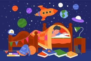 Illustration zeigt Kind beim Abendritual im Bett mit Weltraumkulisse und Büchern