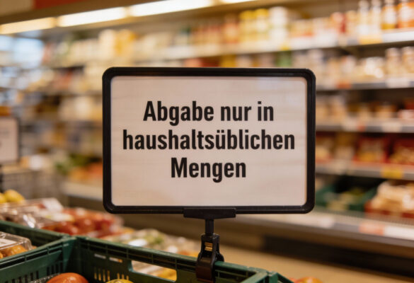 Schild im Supermarkt mit der Aufschrift „Abgabe nur in haushaltsüblichen Mengen“ - Hinweis auf Mengenbegrenzung beim Einkauf.