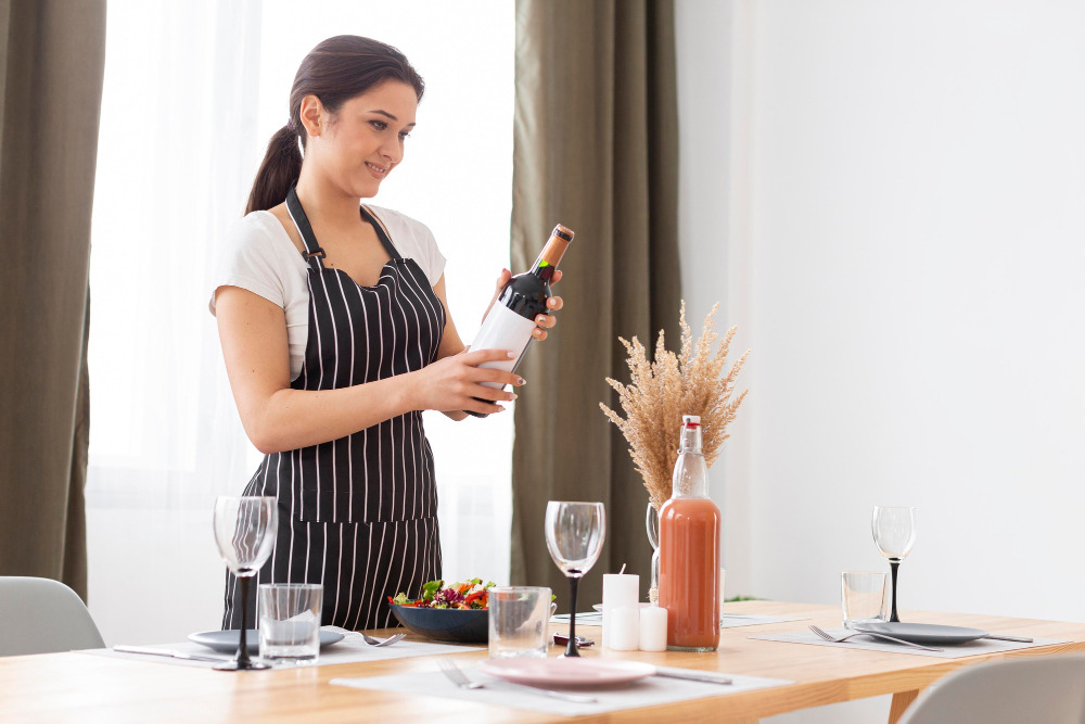 Frau prüft eine Weinflasche am gedeckten Tisch und kontrolliert, ob der Wein noch genießbar ist.