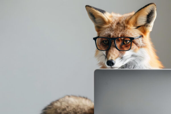 Fuchs mit Brille schaut über Laptop – Symbol für Affiliate-Marketing