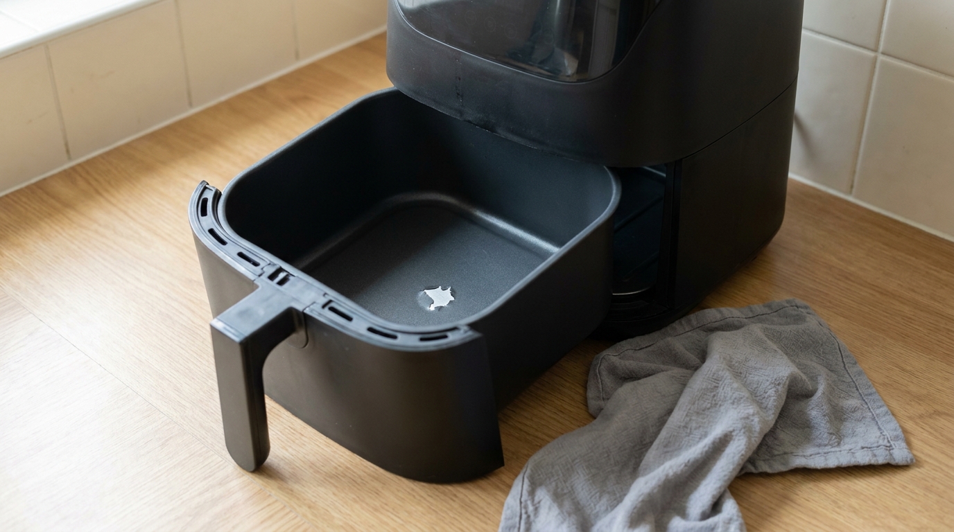Herausgezogener Airfryer-Korb mit kleiner Abplatzung in der dunklen Beschichtung