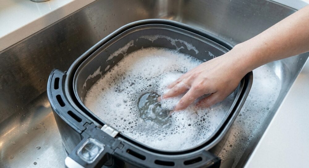 Der Korb und die Schublade eines Airfryers weichen in heißem Spülwasser ein, um Fettrückstände zu lösen.