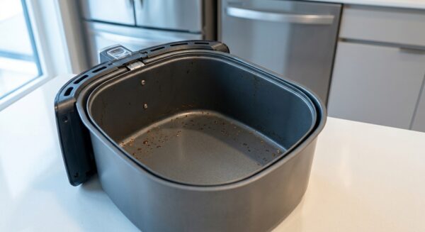 Eine herausgezogene Airfryer-Schublade mit leicht sichtbaren Fettrückständen, die auf die Notwendigkeit einer Reinigung hinweisen.