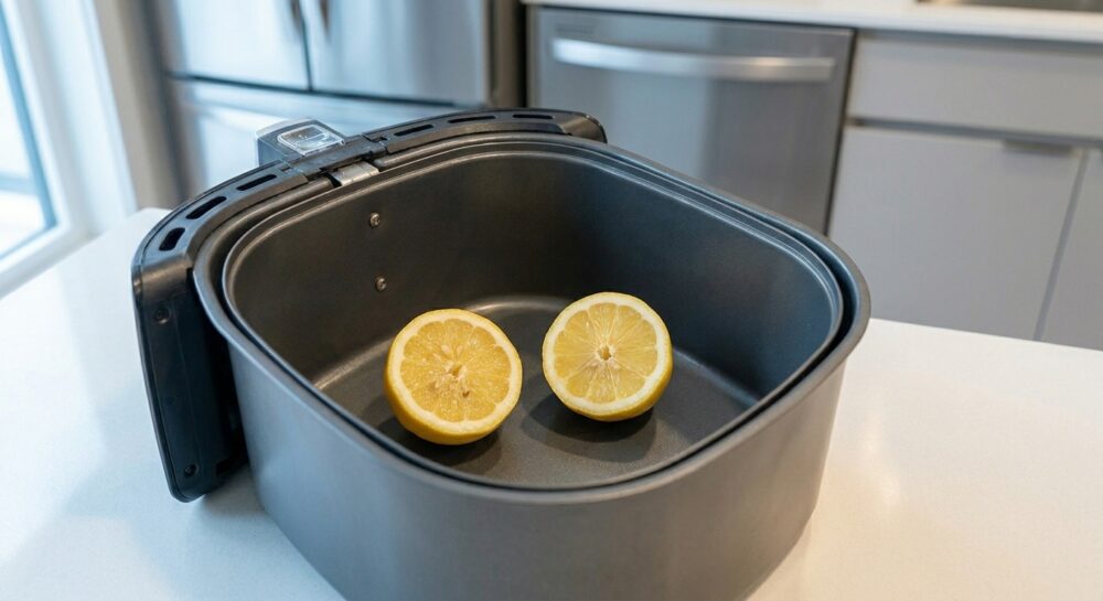 Zwei halbierte Zitronen liegen im Korb eines Airfryers, bereit zur Geruchsentfernung.