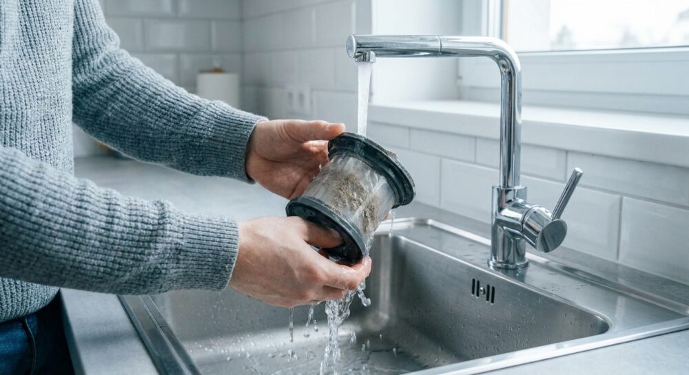 Hände spülen einen verschmutzten Filter eines Akkusaugers unter lauwarmem Wasser ab.