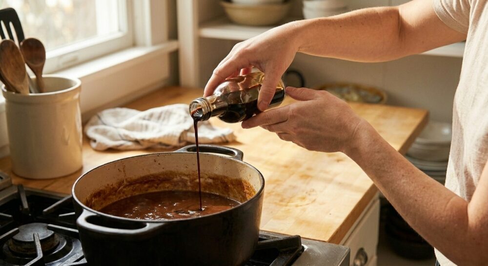 Eine Hand gießt vorsichtig dunklen Balsamico-Essig in eine dunkle Soße im Topf, um sie zu retten.
