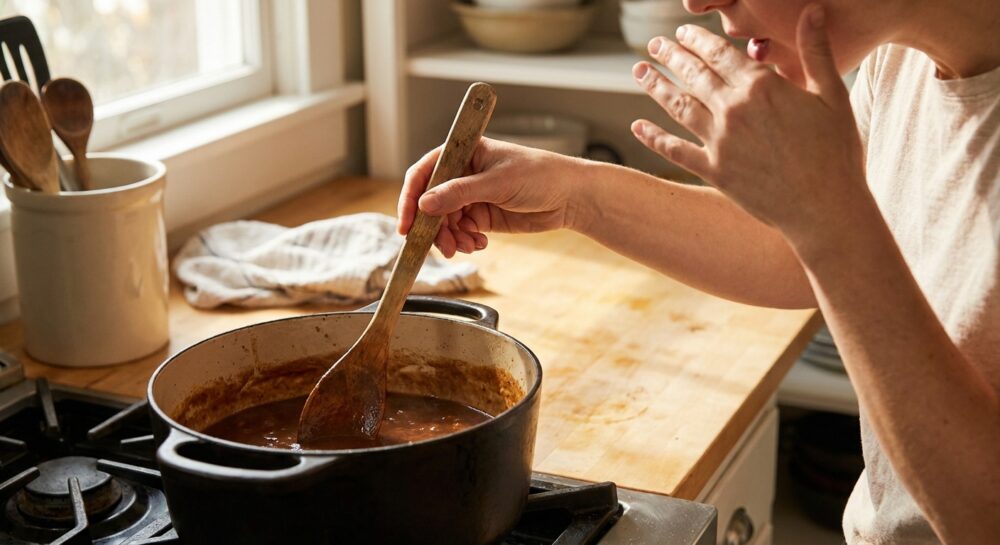 Eine Hand probiert mit einem Holzlöffel eine dunkle Soße aus einem Topf und zeigt eine leicht überraschte, besorgte Miene, da die Soße versalzen ist.