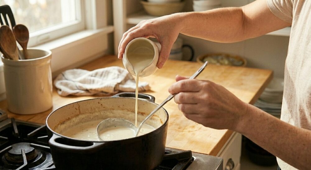 Eine Hand rührt helle, cremige Soße in einem Topf und gießt Sahne hinzu, um sie zu verdünnen und den Salzgeschmack zu mildern.