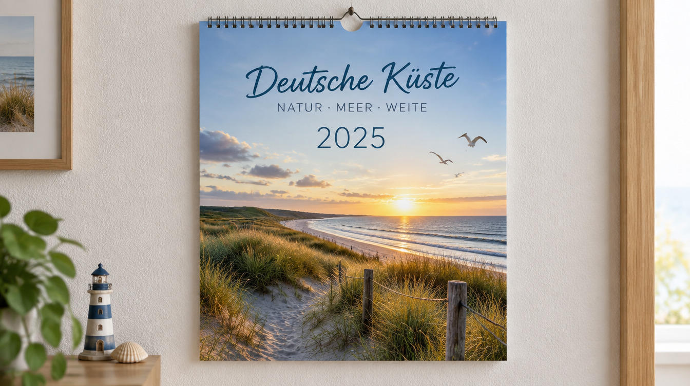 Alter Wandkalender von 2025 mit Küstenmotiv an einer Wand