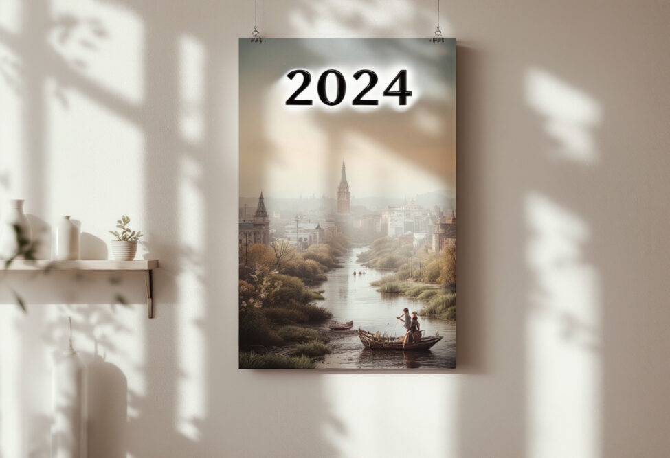 Ein aufgehängter alter Kalender mit der Jahreszahl 2024, der dekorative Recycling-Ideen für abgelaufene Kalender inspiriert.