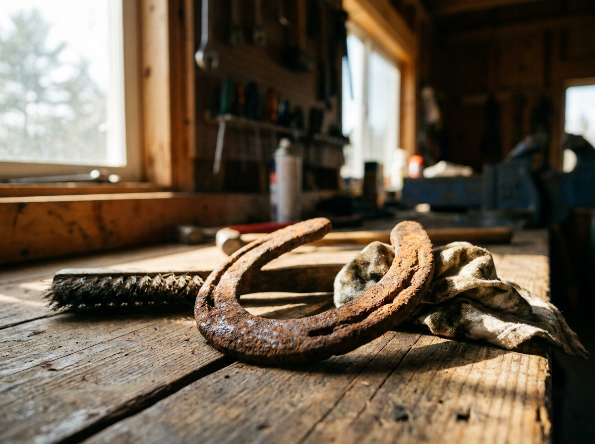 Altes rostiges Hufeisen liegt auf einer Holzwerkbank neben einer Drahtbürste