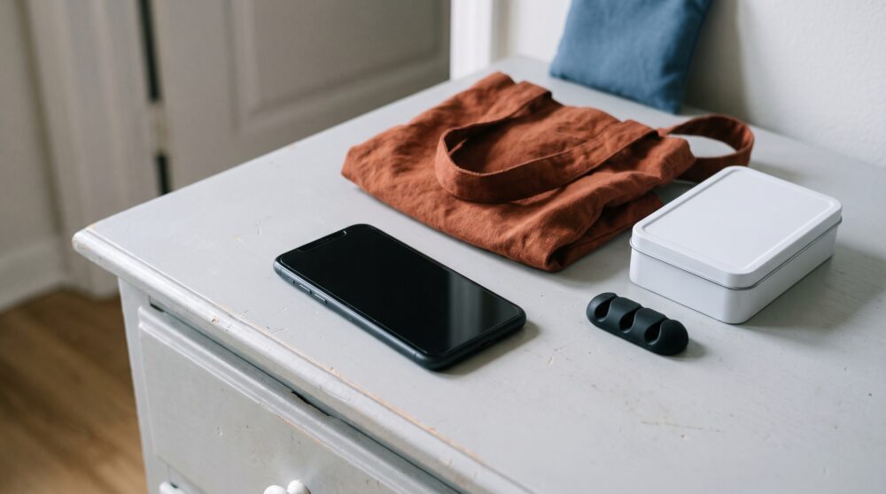 Generisches Smartphone neben Stoffbeutel, Dose und Kabelorganizer auf einer Kommode