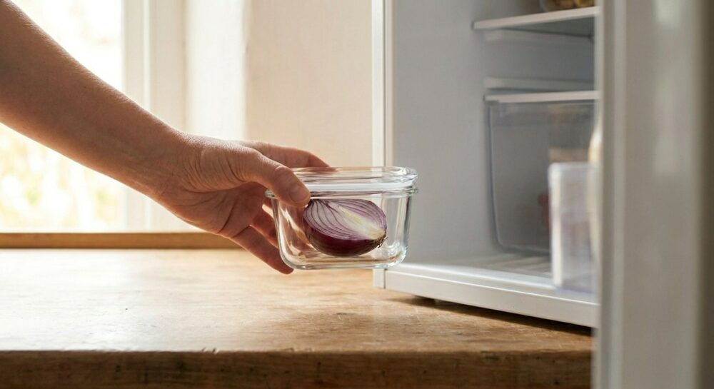 Eine Hand legt eine angeschnittene Zwiebel in einer luftdichten Glasdose in den Kühlschrank.