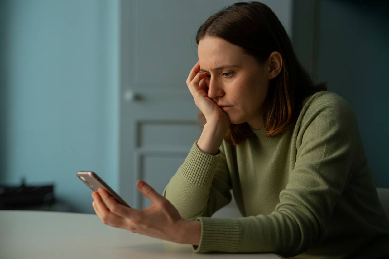 Frau sitzt nachdenklich am Tisch, schaut auf ihr Smartphone und hat Angst zu telefonieren.