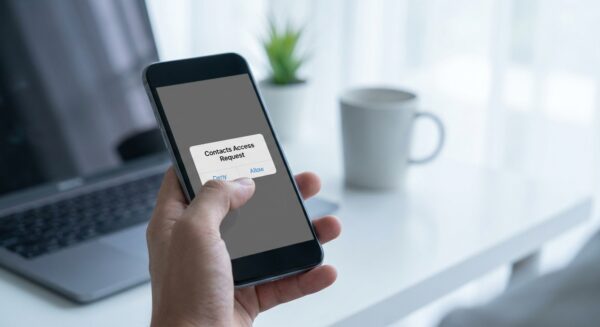 Eine Hand hält ein Smartphone, dessen Bildschirm eine Systemmeldung zum Zugriff auf Kontakte anzeigt, mit Optionen zum Erlauben oder Verweigern.
