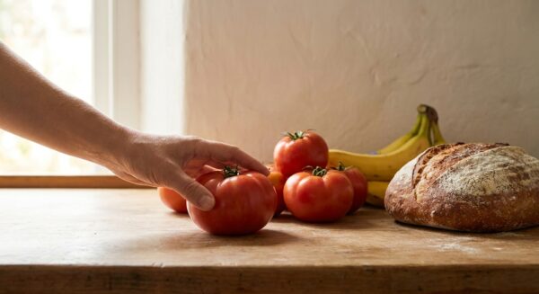 Eine Hand berührt eine reife Tomate, die zusammen mit Bananen und Brot auf einer Holzplatte bei Zimmertemperatur gelagert wird.