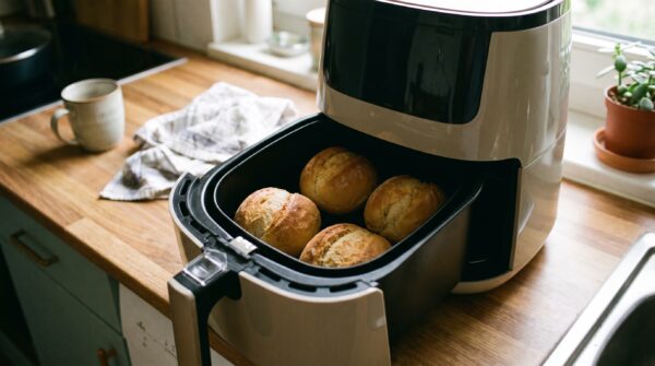 Vier goldbraun aufgebackene Brötchen liegen mit etwas Abstand im geöffneten Korb einer Heißluftfritteuse.