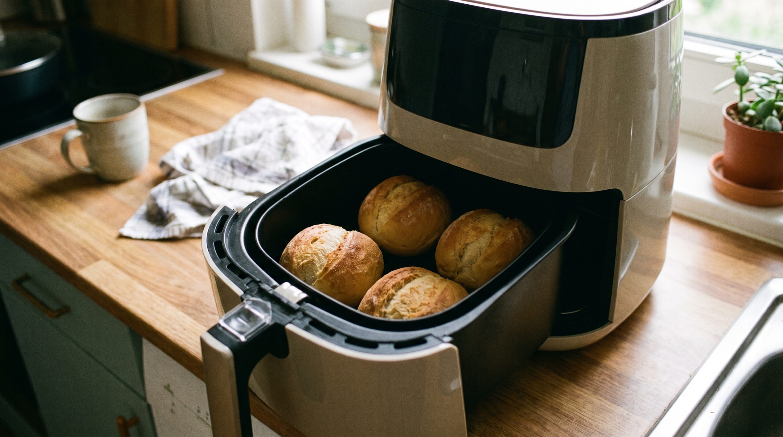 Vier goldbraun aufgebackene Brötchen liegen mit etwas Abstand im geöffneten Korb einer Heißluftfritteuse.