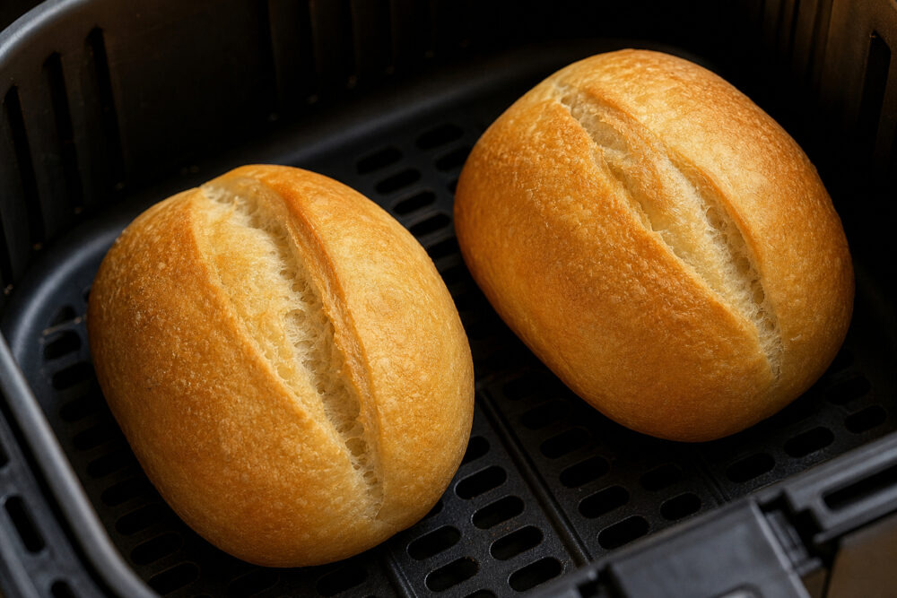 Großaufnahme von gebackenen Aufbackbrötchen im Airfryer