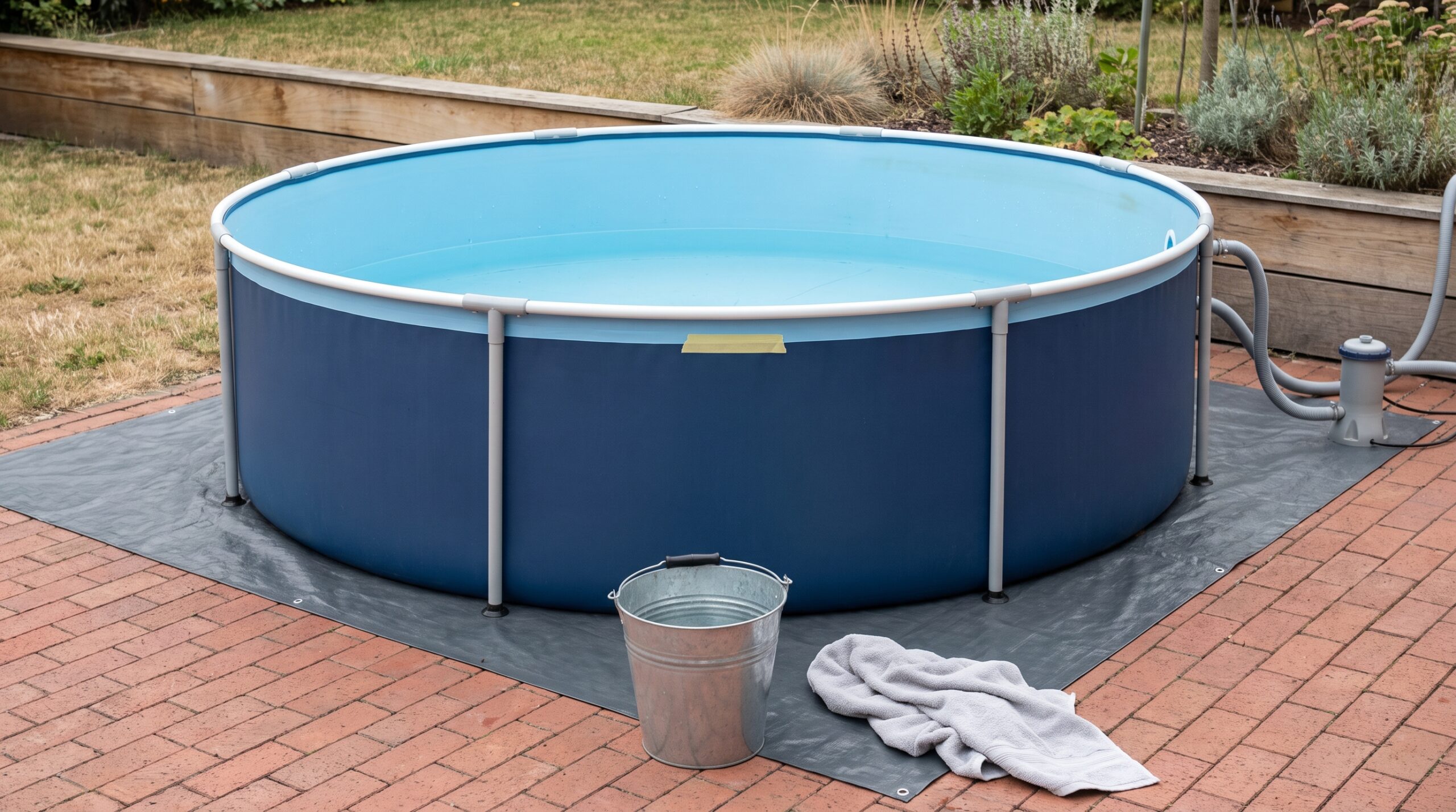 Runder Framepool mit Markierung über dem Wasserspiegel und Eimer auf der Terrasse