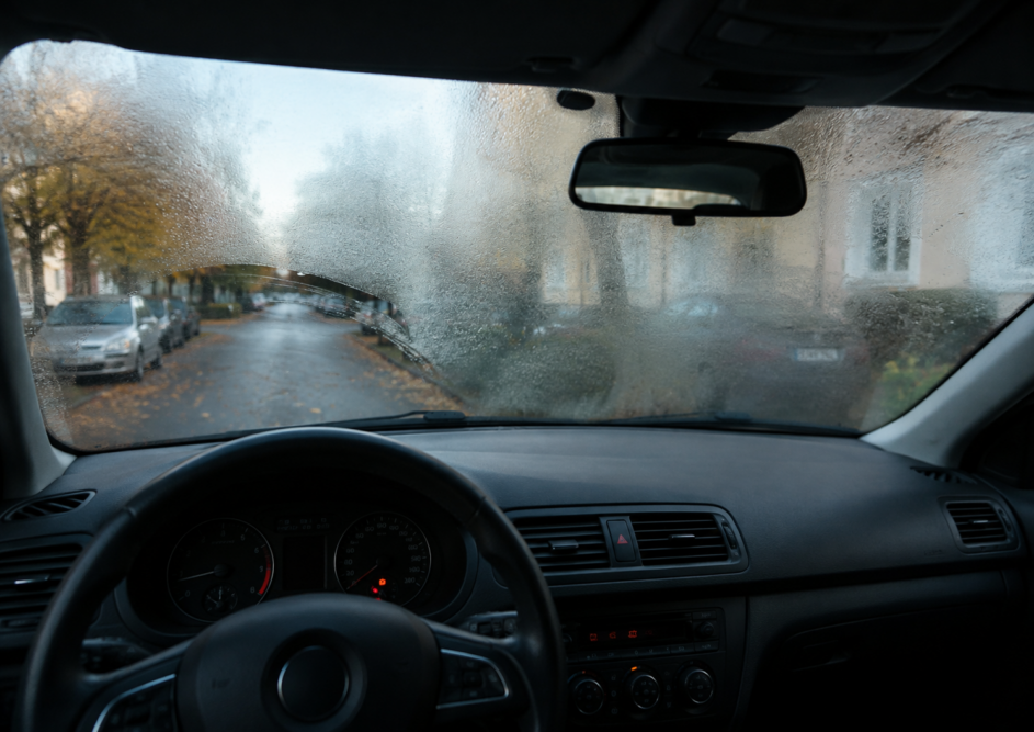 Von innen beschlagene Windschutzscheibe eines Autos an einem kühlen Herbstmorgen