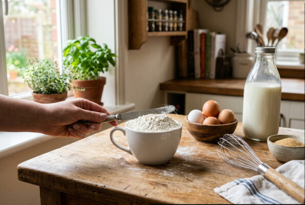 Hand streicht Mehl in einer Tasse glatt, daneben stehen Eier, Milch und ein Schneebesen auf einem Holztisch in der Küche.