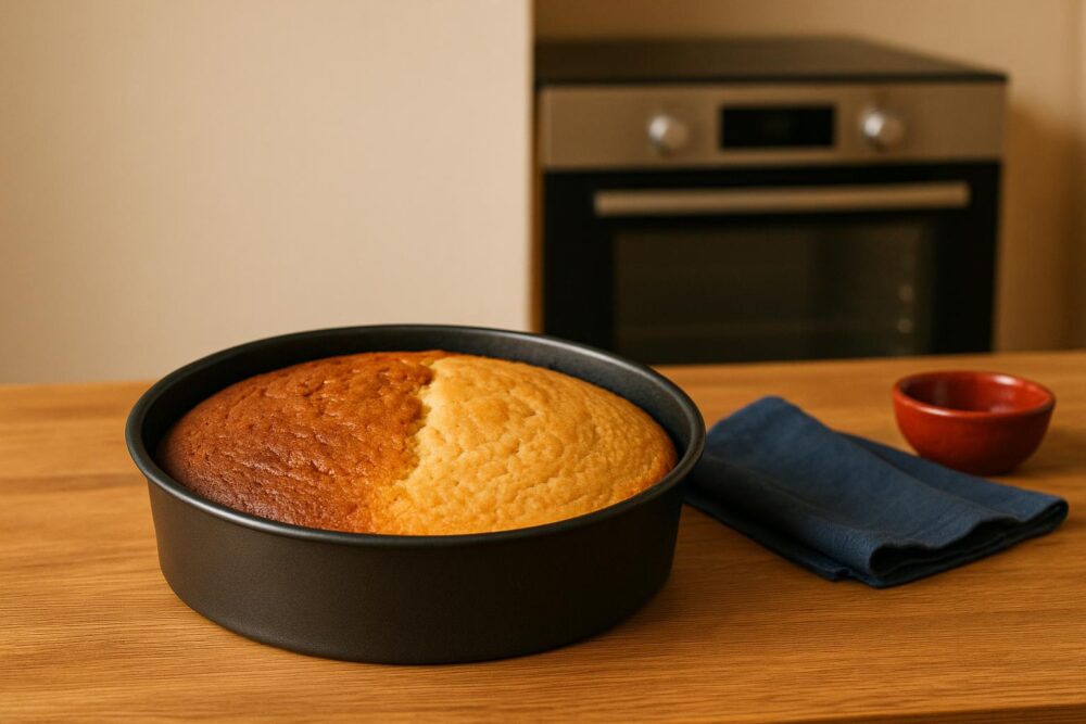 Ein runder Rührkuchen ist auf der linken Seite deutlich dunkler gebräunt als auf der rechten.