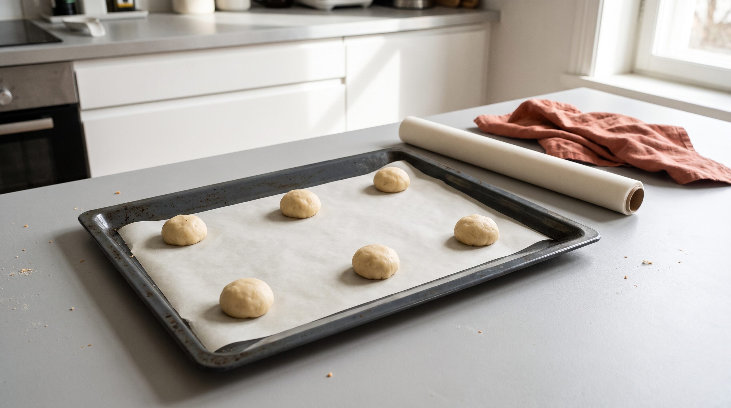Passend zugeschnittenes Backpapier mit Teigportionen auf einem dunkelgrauen Backblech