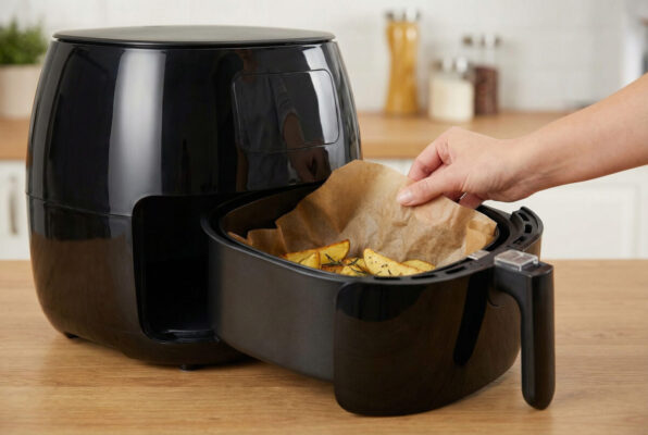 Hand legt Backpapier in den Korb einer Heißluftfritteuse - Tipps für sichere Nutzung und gute Luftzirkulation