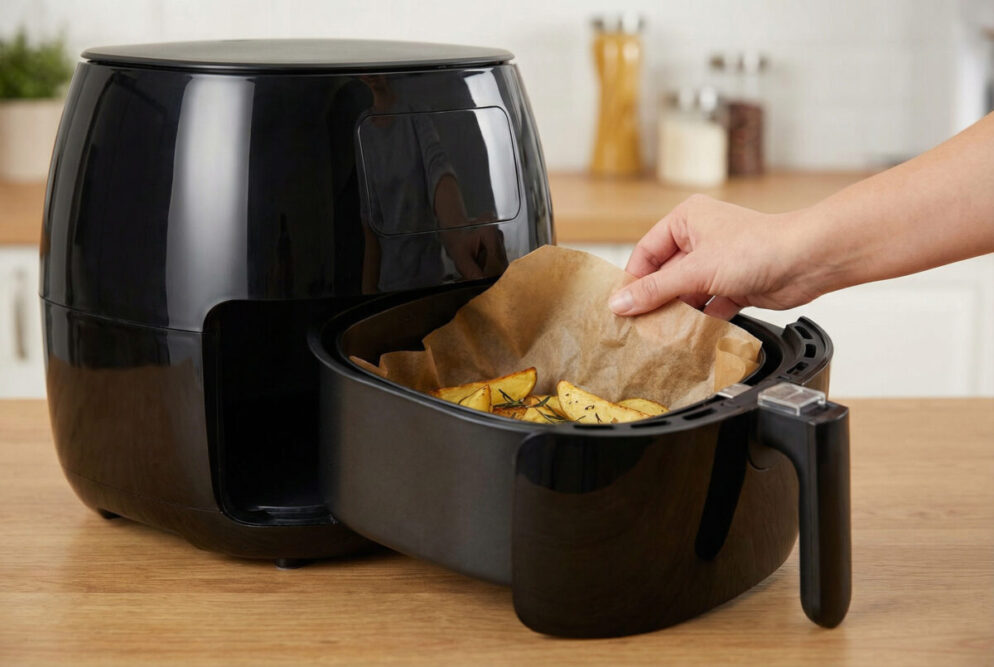 Hand legt Backpapier in den Korb einer Heißluftfritteuse - Tipps für sichere Nutzung und gute Luftzirkulation