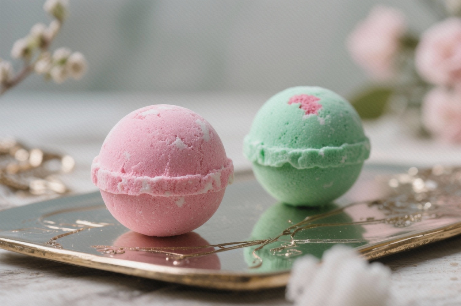 Zwei selbstgemachte Badebomben in Pastellfarben (rosa und mintgrün mit kleiner Blütenapplikation), elegant auf einem goldenen Tablett arrangiert, umgeben von unscharfen Blüten und Schmuck, die DIY-Beauty und Entspannung symbolisieren.