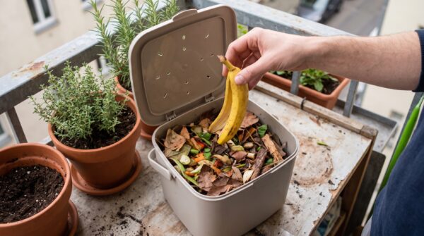 Eine Hand legt eine Bananenschale zu gemischten Küchen- und Gartenresten in einen belüfteten Kompostbehälter auf dem Balkon.