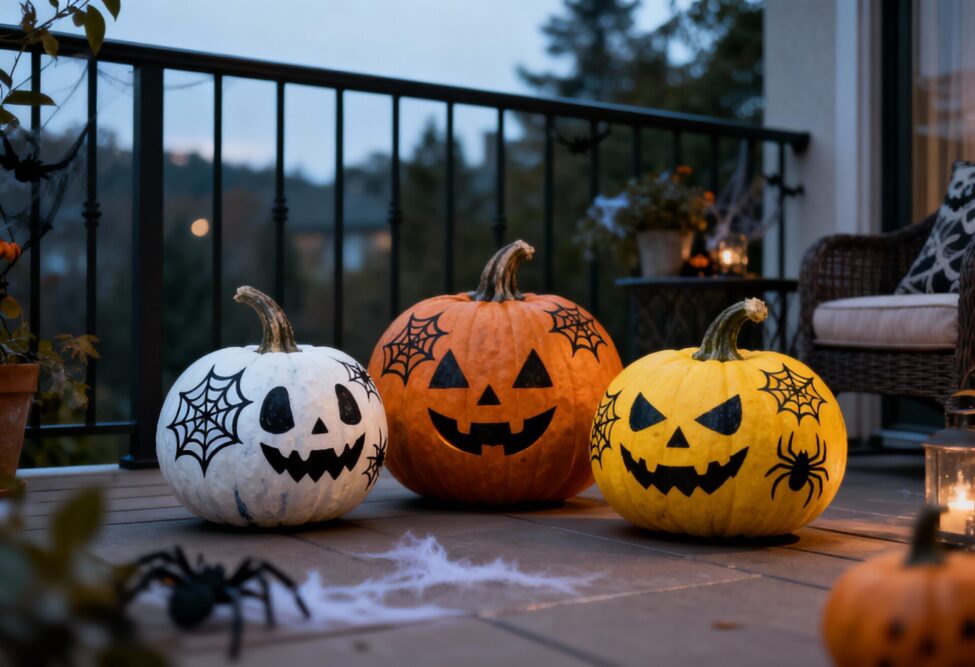 Drei Halloween-Kürbisse auf einem Balkon bei Dämmerung. Ein weißer und ein gelber Kürbis sind mit Spinnennetzen und Spinnen bemalt, der mittlere orangefarbene Kürbis ist traditionell geschnitzt. Daneben liegen künstliche Spinnweben und eine große Spielzeugspinne.
