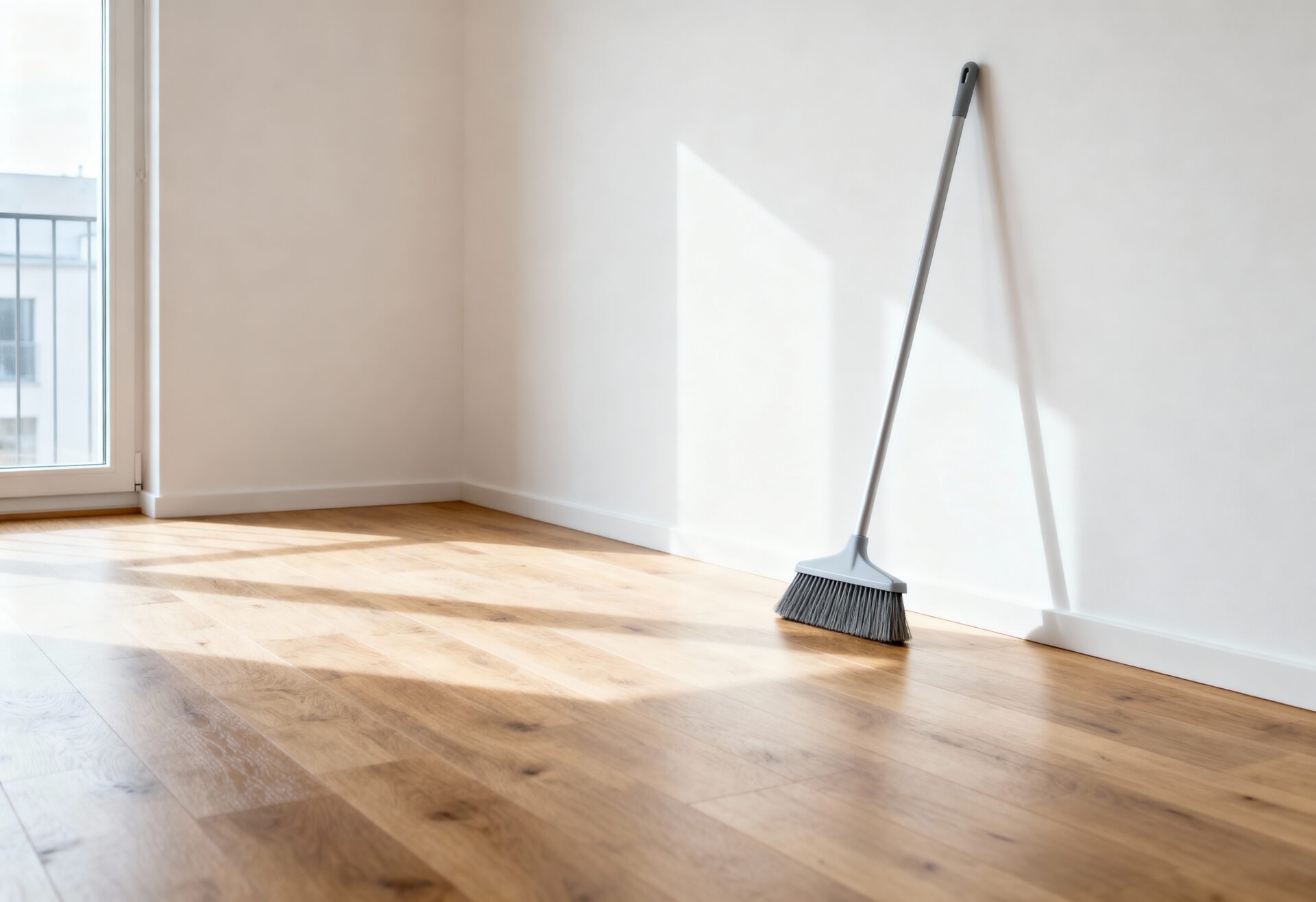 Leere, helle Wohnung mit Holzboden; Besen lehnt an weißer Wand neben Fenster - Symbol für besenreine Übergabe ohne Grundreinigung.