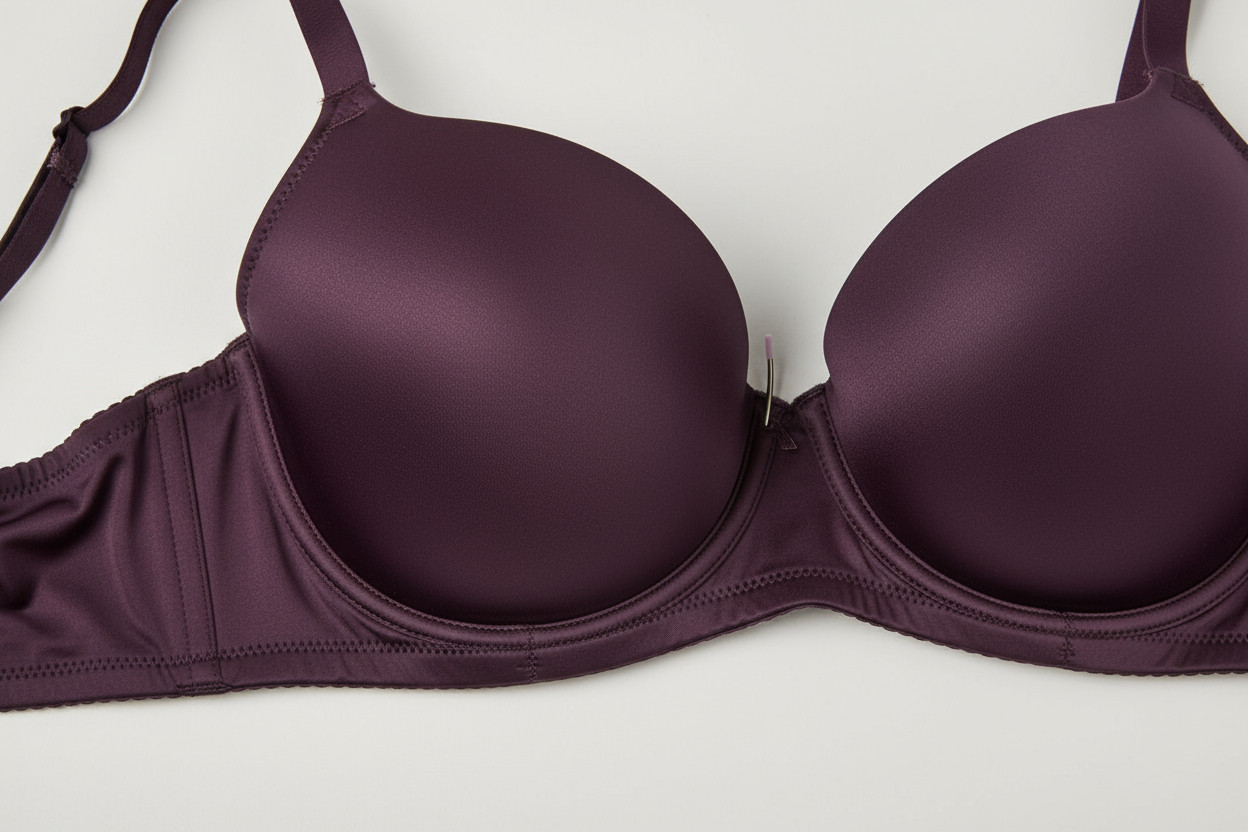 Nahaufnahme eines bordeauxfarbenen Bügel-BHs, herausstehender Bügel am Rand