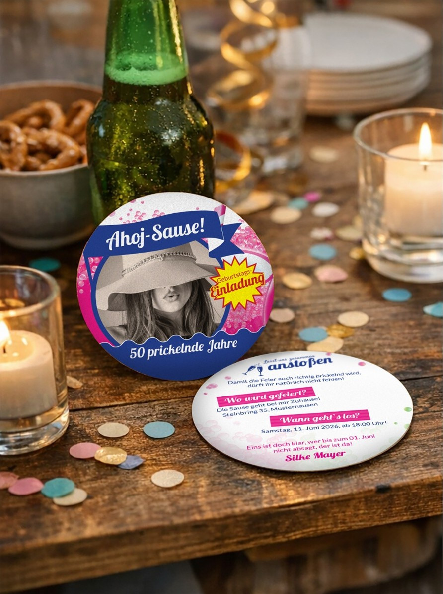 Bierdeckel selbst gestalten: runde Einladung-Bierdeckel auf einem Holztisch mit Konfetti, Kerzen und Bierflasche – Vorderseite mit Motiv, Rückseite mit Infos zu Ort und Uhrzeit